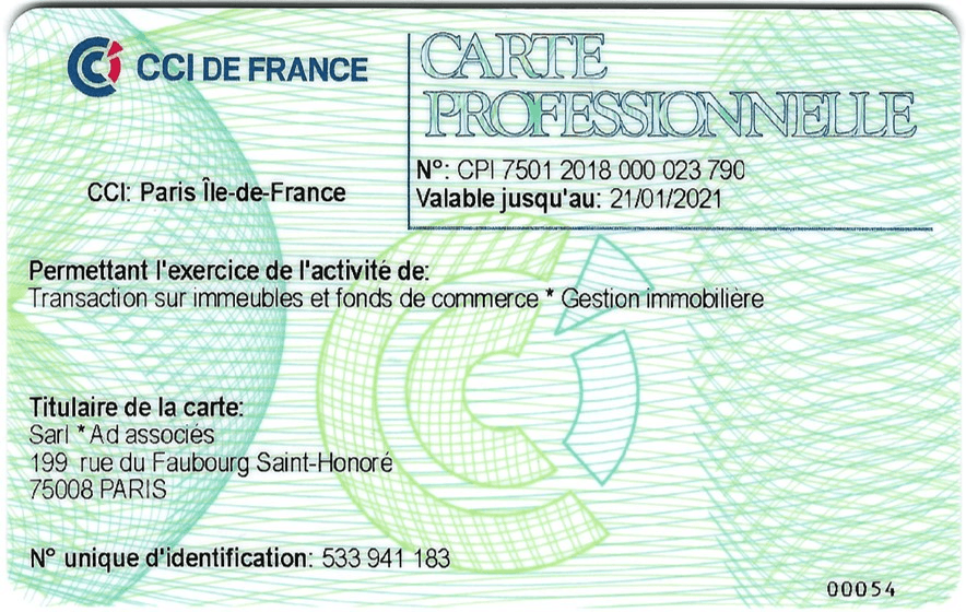 Professional card number of Real Estate Consultant Paris Corporate housing