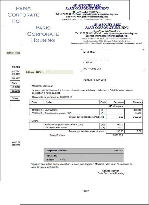 Paris Corporate Housing property management statement showing rental income and fees