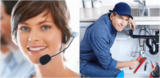 Comprehensive property management: professional customer service agent with headset and skilled plumber providing maintenance support for rental properties