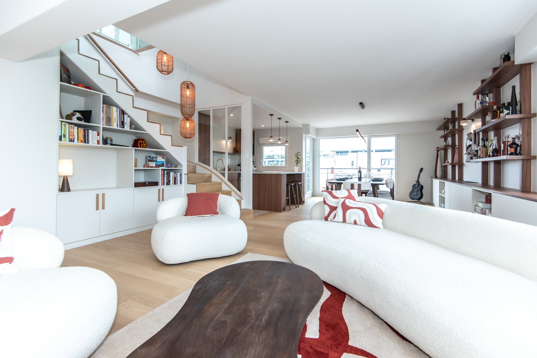 Luxury loft with soaring ceilings, skylights, and open-plan living. Modern architecture, designer furnishings, and abundant natural light throughout this sophisticated rental space.